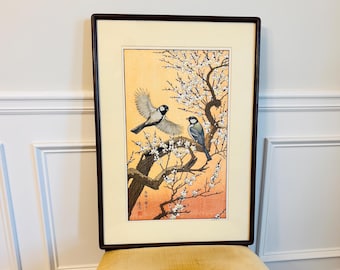 Toshi Yoshida 'Spring' 'Dancing with Plum Blossoms' woodblock print from the Birds of the Seasons series.