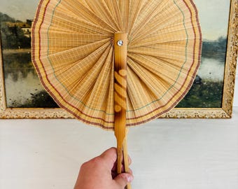 Handmade Woven Folding Hand Fan, Bamboo Handles, Round Shape, Made in India