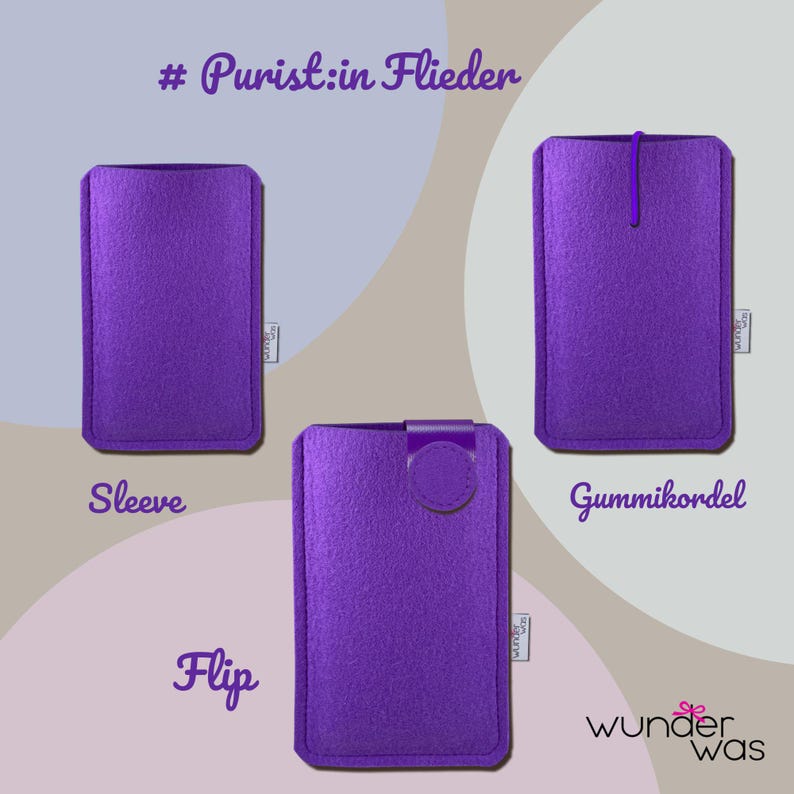May include: Three rectangular purple felt sleeves with rounded corners. One sleeve is plain, one features a vertical elastic cord closure, and one includes a circular flip-top tab. Each item displays a small white brand label on the side.
