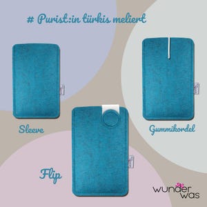 May include: Three rectangular turquoise felt sleeves with a mottled texture. One sleeve is plain, one features a white elastic cord, and one includes a circular flap closure. Each item has a small white tag labeled wunder was.