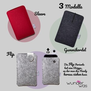 May include: Three felt device sleeves labeled Sleeve, Gummikordel, and Flip. The red sleeve is simple, the dark gray has an elastic cord, and the light gray flip version features a pull tab mechanism to lift a phone. Each includes a small Wunderwas tag.