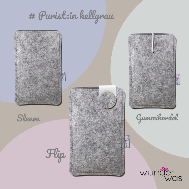 May include: Three light gray felt sleeves with stitched edges. One sleeve is plain, one features a white elastic cord closure, and one includes a circular flap with a white tab. Each sleeve has a small white tag labeled wunder was.
