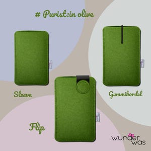May include: Three olive green felt sleeves labeled # Purist:in olive. One is a plain sleeve, one features a black elastic cord, and one includes a black flip-top closure. Each has a small white tag with the text wunder was.