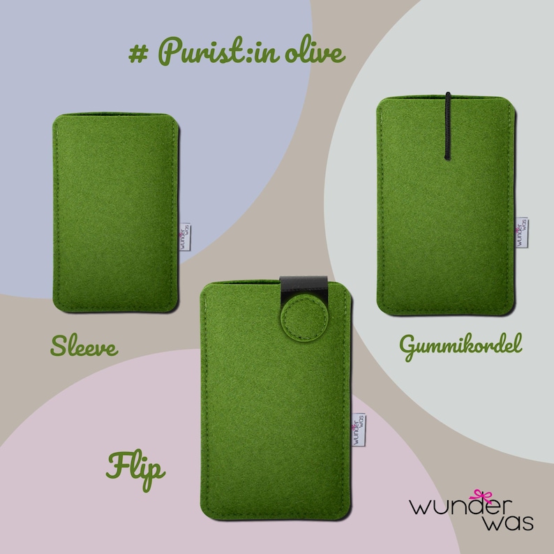 May include: Three olive green felt sleeves labeled # Purist:in olive. One is a plain sleeve, one features a black elastic cord, and one includes a black flip-top closure. Each has a small white tag with the text wunder was.