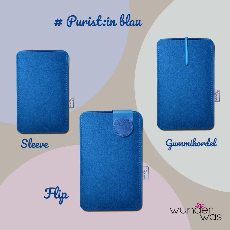 May include: Three blue felt sleeves labeled # Purist:in blau. One is a simple sleeve, one features a flip closure, and one includes a rubber cord. Each has a small white tag with the text wunder was on the side of the rectangular case.
