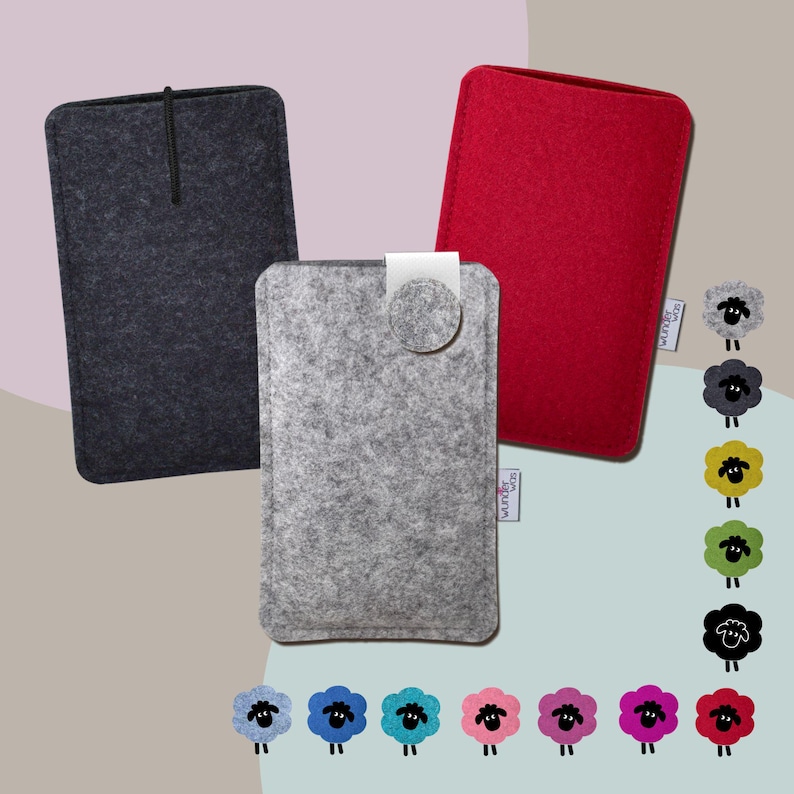 May include: Three rectangular felt sleeves in dark gray, light gray, and red. The dark gray sleeve has a black elastic cord. The light gray sleeve features a circular felt tab. Each sleeve has a small white tag with the text wunder was.