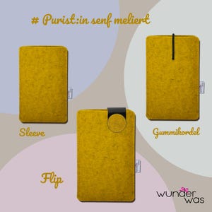 May include: Three mustard yellow felt sleeves labeled Purist:in senf meliert, Sleeve, Gummikordel, and Flip. Each rectangular sleeve features a small white brand tag on the side. One sleeve has a black elastic cord, and another has a black tab.