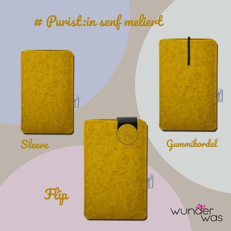 May include: Three mustard yellow felt sleeves labeled Purist:in senf meliert, Sleeve, Gummikordel, and Flip. Each rectangular sleeve features a small white brand tag on the side. One sleeve has a black elastic cord, and another has a black tab.