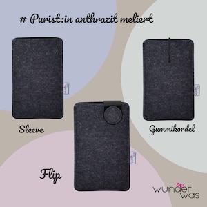 May include: Three dark gray felt sleeves labeled Purist:in anthrazit meliert. One is a plain sleeve, one features a black elastic cord closure, and one includes a black flip-top tab. Each item displays a small white tag with the brand name wunder was.