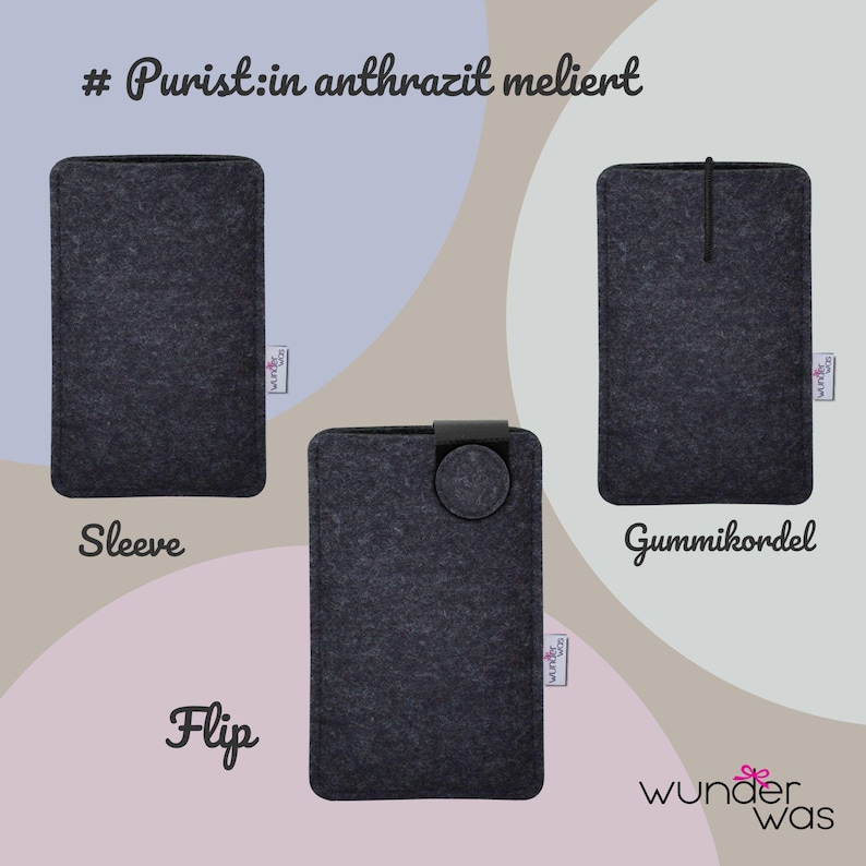 May include: Three dark gray felt sleeves labeled Purist:in anthrazit meliert. One is a plain sleeve, one features a black elastic cord closure, and one includes a black flip-top tab. Each item displays a small white tag with the brand name wunder was.
