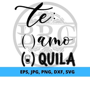 Op de afbeelding: Zwart-wit grafisch ontwerp met de tekst "te amo tequila" in een gestileerd lettertype. De tekst wordt omringd door een decoratieve cirkel met een bloemmotief.