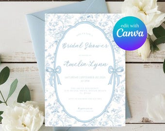 Französische Toile Brautparty-Einladungsvorlage, etwas Blaues, bevor ich die Dusche einlade, Vintage Blumen-Braut-Brunch-Einladung bearbeitbar