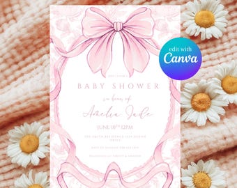 Vintage Dusty Pink Bow Floral Toile Baby Shower Invitation Template, Elegant Chinoiserie Coquette Bow, Cottagecore, Edit in Canva