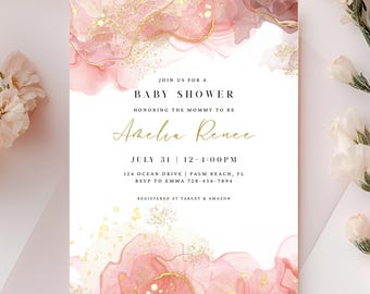 Pink Baby Shower Invitation, Baby Girl Invitation Template, Pink and Gold Baby Shower, Oh Baby, Pink Invitation, Baby Girl, Printable