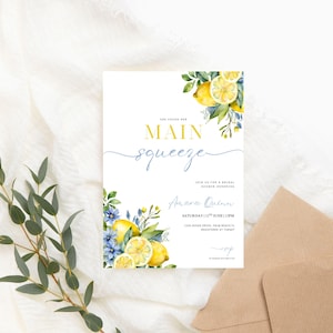 Main Squeeze Bridal Shower Invitation, Lemon Bridal Shower, Citrus Bridal Shower Invitation, Blue Mediterranean Lemon Theme, Blue Lemons