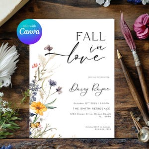 Fall in Love Bridal Shower Invitation Template, Autumn Floral Bridal Shower Invite, Editable Boho Wildflower Bridal Shower Invite