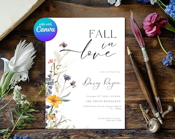 Fall in Love Bridal Shower Invitation Template, Autumn Floral Bridal Shower Invite, Editable Boho Wildflower Bridal Shower Invite