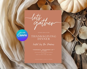 Thanksgiving Dinner Digital Invitation TEMPLATE, Let's Gather Invite, Text Phone Evite, Fall Autumn Pumpkins, Self Edit Canva Template