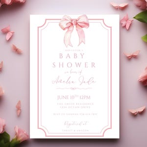 Rosa Bogen-Babyparty-Einladung Vorlage zum Ausdrucken, Baby-Mädchen, Rosa Coquette Baby-Dusche einladen, Baby-Dusche-Einladung Mädchen kokett Bogen