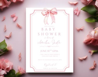 Pink Bow Baby Shower Invitation Template Printable, Baby Girl, Pink Coquette Baby Shower Invite, Baby Shower Invitation Girl Coquette Bow