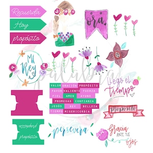 Puede incluir: Ilustraciones de acuarela de flores, corazones y pancartas con texto en español. El texto incluye "Recuerda Hoy proposito", "Ora", "Mi Rey", "Valor Oracion Proposito", "Favor Valiente Fuerza", "Fiel Amen Ayuno", "Promesas Confianza", "Jesus Rey Belleza", "Tiempo Misericordia", "Lego el Tiempo", "proposito", "onsodond proposito", "persevera", "Gracias ante tus ojos", y "www.amasupalabra.com".