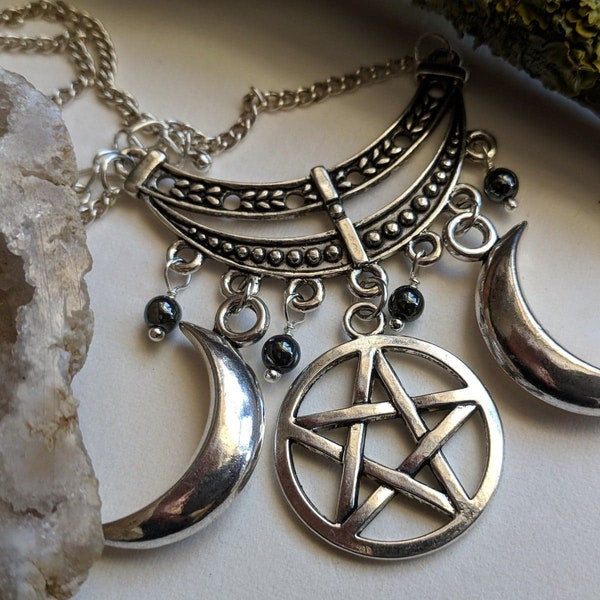 Pagan Pentagram Necklace, Hematite Pagan Jewellery, Triple Moon Necklace, Pagan Necklace, Gemstone Jewelry, Pentagram, Wiccan Jewelry, Pagan