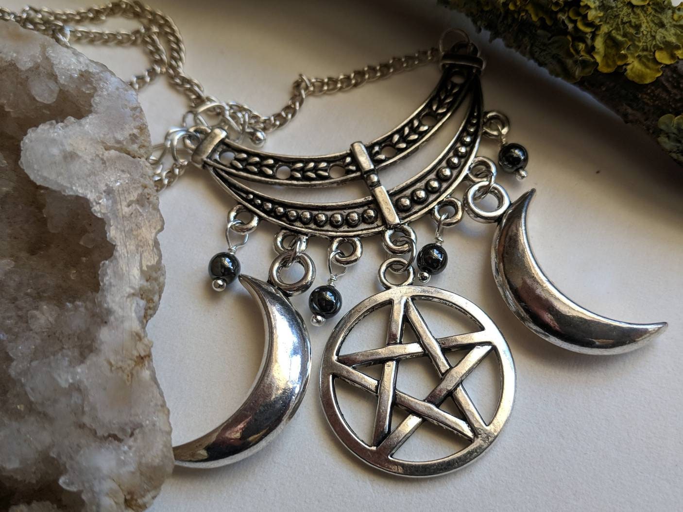 Pagan Pentagram Necklace, Hematite Pagan Jewellery, Triple Moon Neckl…