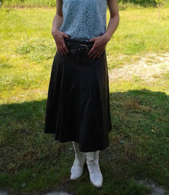 Genuine Black Leather Skirt,Vintage Black Long Ski