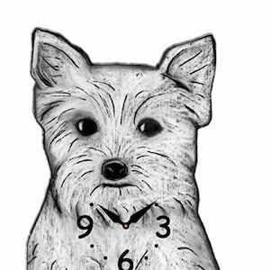 May include: A black and white illustration of a Westie dog with a clock face on its chest. The clock face has black hands and black numbers. The dog's tail is curled up behind it. The text "WESTY" is printed below the dog.