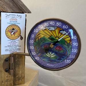 Copper 4&quot; dial Thermometer with Lotus and Mountains design