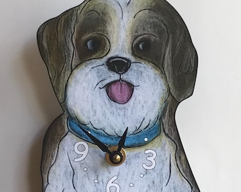 Tan and White Shih Tzu dog clock with wagging tail