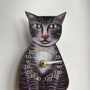 Grey tabby cat wall thermometer made of lightweight colorfast metal