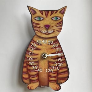 Yellow Striped cat Wall Thermometer made of lightweight colorfast metal