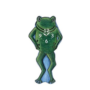 May include: A green frog-shaped wall clock with a white clock face and black hands. The clock is standing on two legs and has a blue background.
