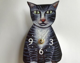 Grey Tabby mini Cat Clock with Swinging tail