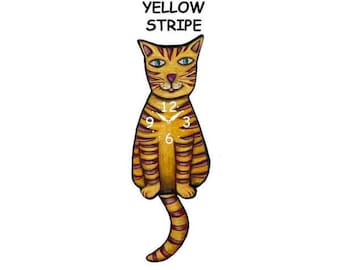 Yellow striped cat clock with swinging tail