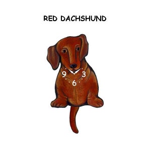 May include: A red dachshund clock with a pendulum tail. The clock face has black Roman numeral markings and white hands.
