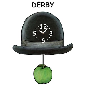 May include: A whimsical wall clock featuring a black bowler hat with a clock face, displaying the time. The clock hands point to 1:07. Below the hat hangs a green apple. The word "DERBY" is printed above the hat.