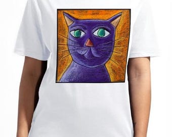 Cat T-Shirt Made of soft Cotton,  Unisex Adult X-LG, original purple cat by Tara Cafiero