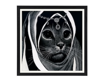 Marco de aluminio negro brillante de 20 x 20 cm con lámina grabada de un gato con joyas de boda / firmada a mano