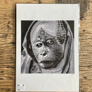 A4 fine art print of an engraved monkey with wedding jewellery