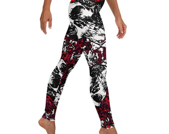 Skull & Roses Grateful Dead Inspired Leggings, Deadhead Pattern Stretch Pants, Hippie Yoga Pants, Bertha Rose Crown Print Clothing