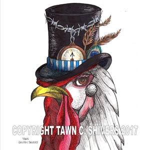 Rooster Portrait, Barnyard Animal, Children&#39;s Art, Steam Punk Top Hat, Colored Pencil, Pen and Ink, Print, Original Art