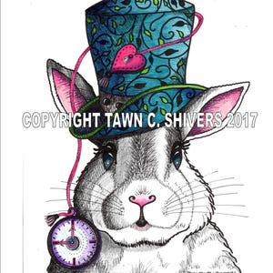 Rabbit Portrait, White Rabbit, Alice In Wonderland, Children&#39;s Print, Wall Decor, Hand Drawn, Pen and Ink, Colored Pencil