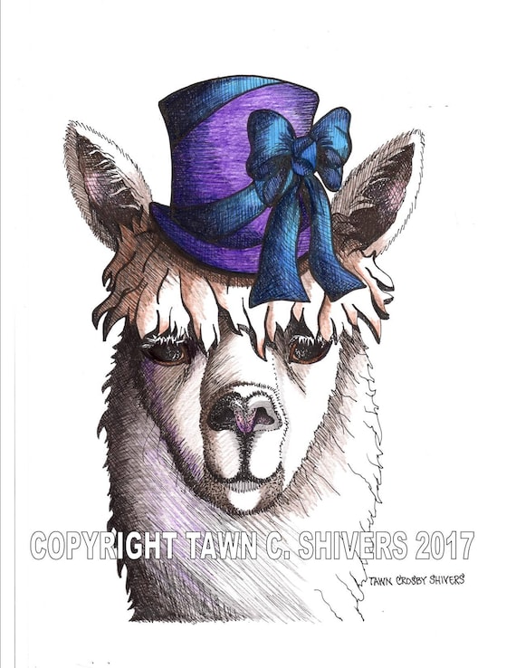Alpaca Portrait Alpaca Print Top Hat Hand Drawn Llama Etsy