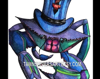 Crab Art Print, Nautical, Top Hat, Steam Punk, Beach, Marine Art, Hand Drawn, Print, Wall Decor, Children's Print