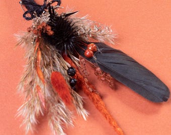 Real Raven Feather Boutonniere Halloween Gothic Black Moody Wedding Burnt Orange Dried Flower Groom Groomsmen Accessory Western Boho Lapel.