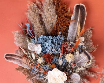 Dusty Blue Burnt Orange Feather Bouquet Wildflower Bridal Terracotta Rustic Fall Wedding Boho Dried Flowers Western Wedding Set