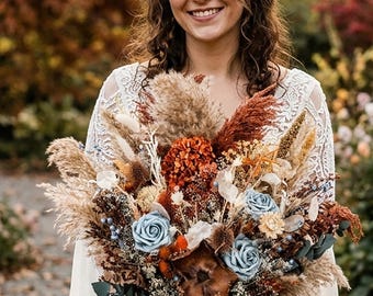 Boho Dusty Blue Rose Bridal Bouquet Beach Wedding Burnt Orange Ivory Dried Flowers Brown Wildflowers Eucalyptus Rustic Boho Garden.