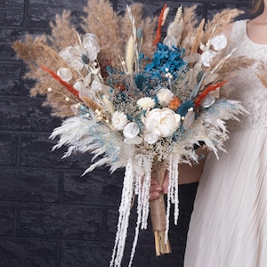 Burnt orange and dark teal cascade bouquet, amaranthus eucalyptus sage green fall bridal bouquet, rust terracotta wedding, boho rustic style